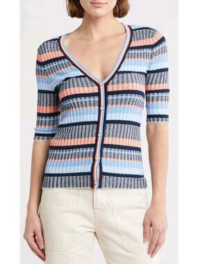 Veronica Beard Calliope Women's Striped Rib-Knit Pullover Blue Multi Size XS